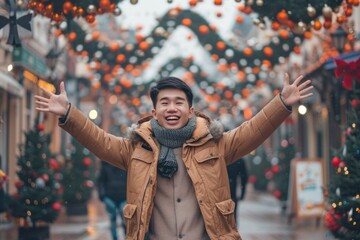 Poster - A person standing with their arms spread wide on a city street, suitable for use in scenes of celebration or greeting