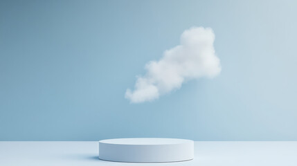 Wall Mural - Minimalist scene with a single fluffy cloud floating above a round platform against a light blue background, evoking simplicity and tranquility.