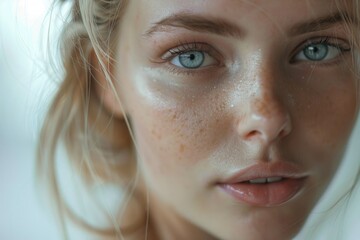 Sticker - A close-up shot of a woman's face with visible freckles, great for personal or editorial use