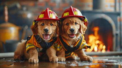 Wall Mural - Minimalist background: Firefighter-inspired illustration of a pup in a camping setting, celebrating outdoor journeys and adventures.