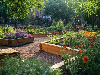 Canvas Print - A community park garden filled with herbs, flowers, and seating areas where locals can gather