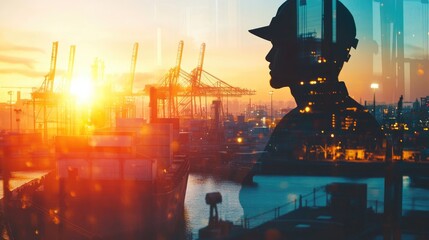 Wall Mural - Supervisor managing container logistics at busy seaport (close up, focus on, copy space) Bright colors with ships and machinery in view. Double exposure silhouette with harbor equipment 