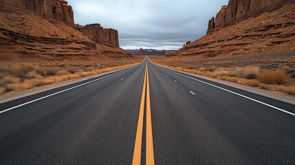 Wall Mural - Empty road stretching into the distance, flanked by towering red rock formations and desert vegetation under an overcast sky.