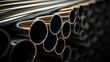 © Adi - A perspective view along the length of several stacked stainless steel pipes, showing the repetition and precision in manufacturing, set against a dark background