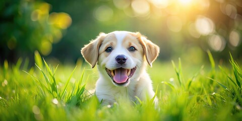 Puppy playing happily in the green grass , playful, fluffy, cute, dog, pet, outdoor, nature, fun, joyful, furry, adorable, canine