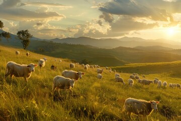 Poster - A group of sheep grazing on a lush green hillside