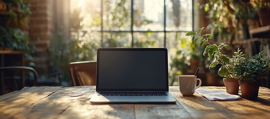 Poster - Laptop on Wooden Desk with Plants and Sunlight