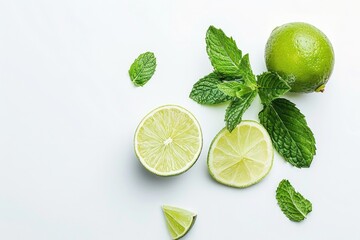 Canvas Print - Fresh lime slices and mint leaves arranged on a white surface for a bright and refreshing display