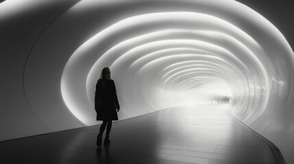 Poster - Woman walking through a modern, circular tunnel