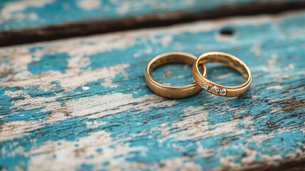 two gold wedding bands on a vintage weathered wooden table perfect for rustic romantic wedding moments and elegant traditional jewelry