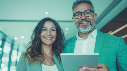 Poster - Smiling business colleagues hold a tablet.