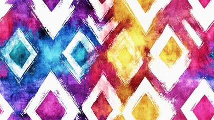 Wall Mural - Seamless Tribal Colorful Geometric Pattern Boho Tie Dye White Watercolor Texture Grunge Tie Dye Ethnic Pattern Brushed Banner Watercolor Ethnic Background Aquarelle Texture