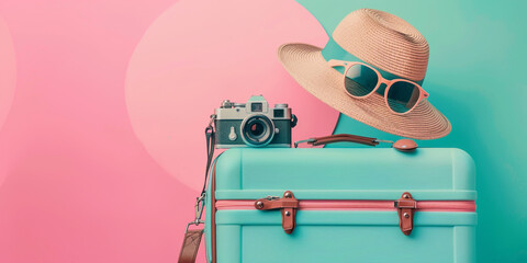 Wall Mural - Suitcase with sun glasses, hat and camera on pastel color background. Travel concept with minimal style. 
