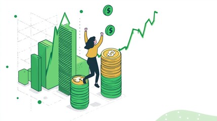 Financial growth with a woman celebrating on coins, symbolizing investment, profit, and economic success 