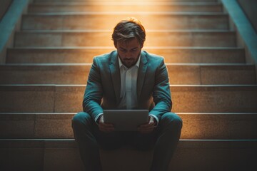 Wall Mural - Man Working on Laptop on Stairs