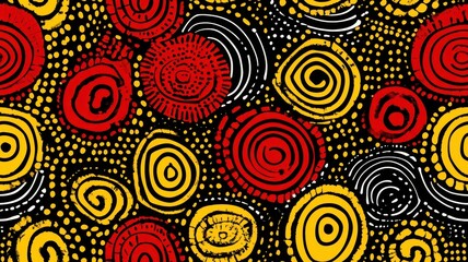 Wall Mural - seamless pattern, Vibrant abstract pattern featuring colorful swirls and dots in red, yellow, and black, perfect for creative design projects.