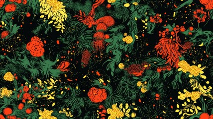 seamless pattern, Vibrant floral pattern featuring red, yellow, and green elements on a dark background, perfect for textile designs and wallpapers.