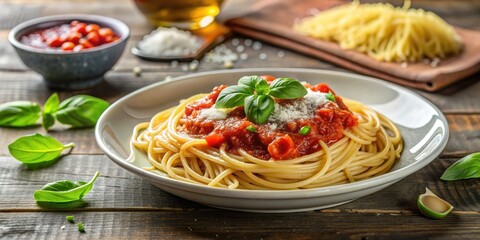 Plate of Italian pasta served with a rich tomato sauce, fresh basil, and grated Parmesan cheese, pasta, Italian