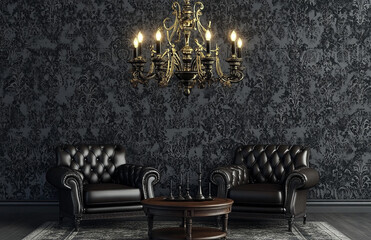 Wall Mural - Two black and gold Baroque armchairs with a coffee table, a chandelier on the wall, and a room with dark background wall. 