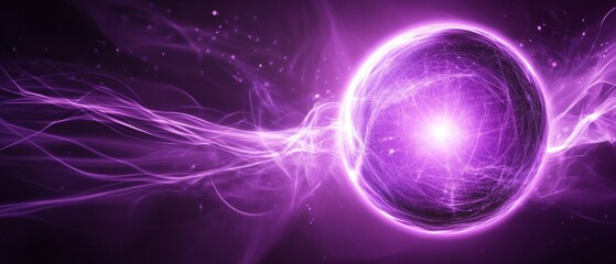 Wall Mural - abstract purple bright glowing background with a sphere core atom energy burning ball circle made of
