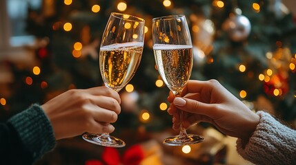 festive christmas or new year celebration with two people toasting with champagne glasses in front of a glowing christmas tree filled with holiday decor and lights