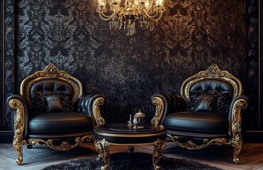 Wall Mural - Two black and gold Baroque armchairs with a coffee table, a chandelier on the wall, and a room with dark background wall. 