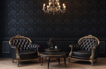 Wall Mural - Two black and gold Baroque armchairs with a coffee table, a chandelier on the wall, and a room with dark background wall. 