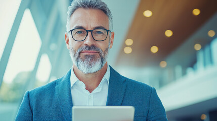 Poster - A businessman in a suit and glasses holds a tablet.