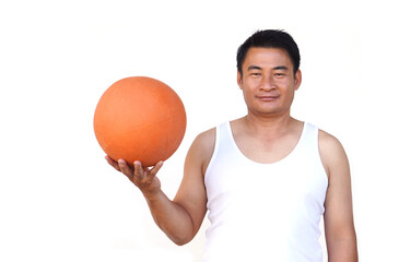 Handsome Asian man holds orange basketball, isolated on white background. Concept, Exercise for health. Healthy lifestyle. Sport equipment. Work out makes strong of body.    