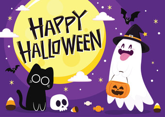 Wall Mural - Cute ghost floating with Halloween pumpkin basket for Trick or Treat. Funny spooky boo character. Spook phantom with happy smiling face expression. Isolated kids flat vector illustration.