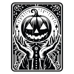 Wall Mural - Jack O Lantern with tarot card decoration in black and white illustrations, cutout graphic