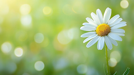 A daisy on a green meadow in sunny spring weather. A blurred background with light bokeh and a short depth of field. Close-up horizontally