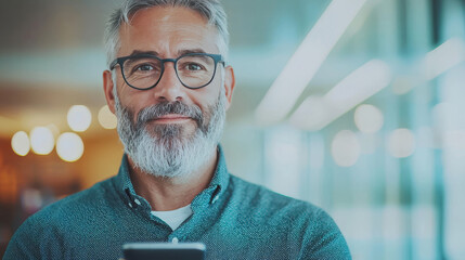 Wall Mural - Smiling mature man with grey hair and beard looks at the camera.