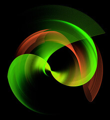 Wall Mural - Green and red elegantly curved, striped, airy planes intersect and rotate against a black background. Icon, logo, symbol, sign. 3D rendering. 3D illustration.