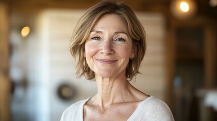 Fototapete - A 50-year-old woman smiling warmly, with her skin glowing naturally, showing the beauty of age and self-confidence, in a well-lit, minimalist setting.