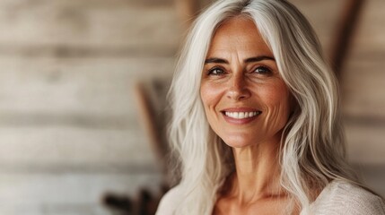 Fototapete - A 50-year-old woman smiling warmly, with her skin glowing naturally, showing the beauty of age and self-confidence, in a well-lit, minimalist setting.