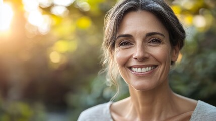 Fototapete - A 50-year-old woman smiling warmly, with her skin glowing naturally, showing the beauty of age and self-confidence, in a well-lit, minimalist setting.