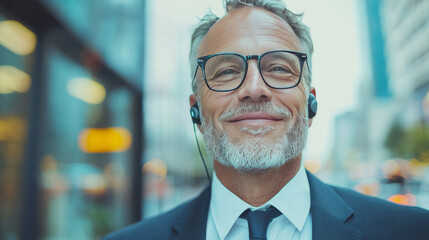 Wall Mural - Smiling man in a suit with a beard, wearing glasses and earphones, walking down a city street.