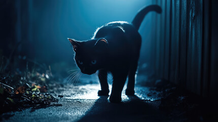 A black cat is walking on a sidewalk at night