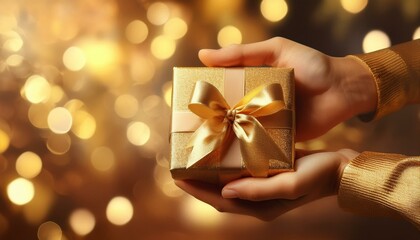 Hand holding Gift present box with bow, gold ribbon