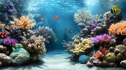 Wall Mural - A vibrant underwater scene showcasing colorful corals and various fish species in a serene ocean environment.