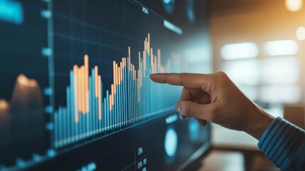 Fototapete - A business professional pointing at a bar chart on a large screen in a conference room, emphasizing financial growth and key metrics to colleagues.