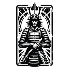 samurai male with tarot card in black and white illustrations, cutout graphic