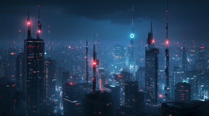 Poster - A cityscape at night with visible wireless communication towers and signals, highlighting urban connectivity and technological infrastructure.