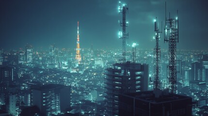 Poster - A cityscape at night with visible wireless communication towers and signals, highlighting urban connectivity and technological infrastructure.
