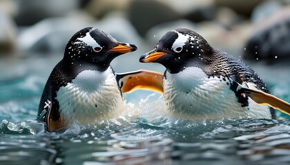 Wall Mural - Gentoo penguins playfully splashing in crystal-clear water