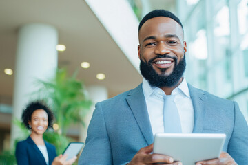 Sticker - Smiling businessman holding a tablet in an office setting.