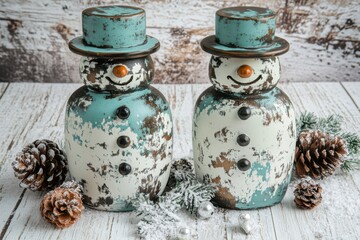 Wall Mural - Rustic Wooden Snowmen with Pine Cones and Snow-Covered Branches on Weathered Wooden Background