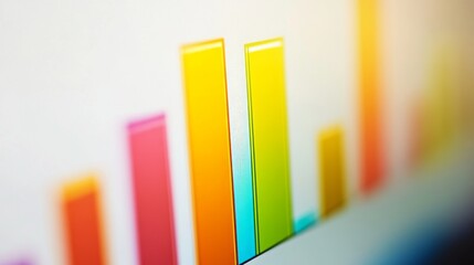 Fototapete - A close-up of a financial bar chart on a computer screen, displaying rising and falling data points, with a focus on vibrant, colorful bars against a white background.
