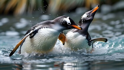 Wall Mural - Gentoo penguins playfully splashing in crystal-clear water